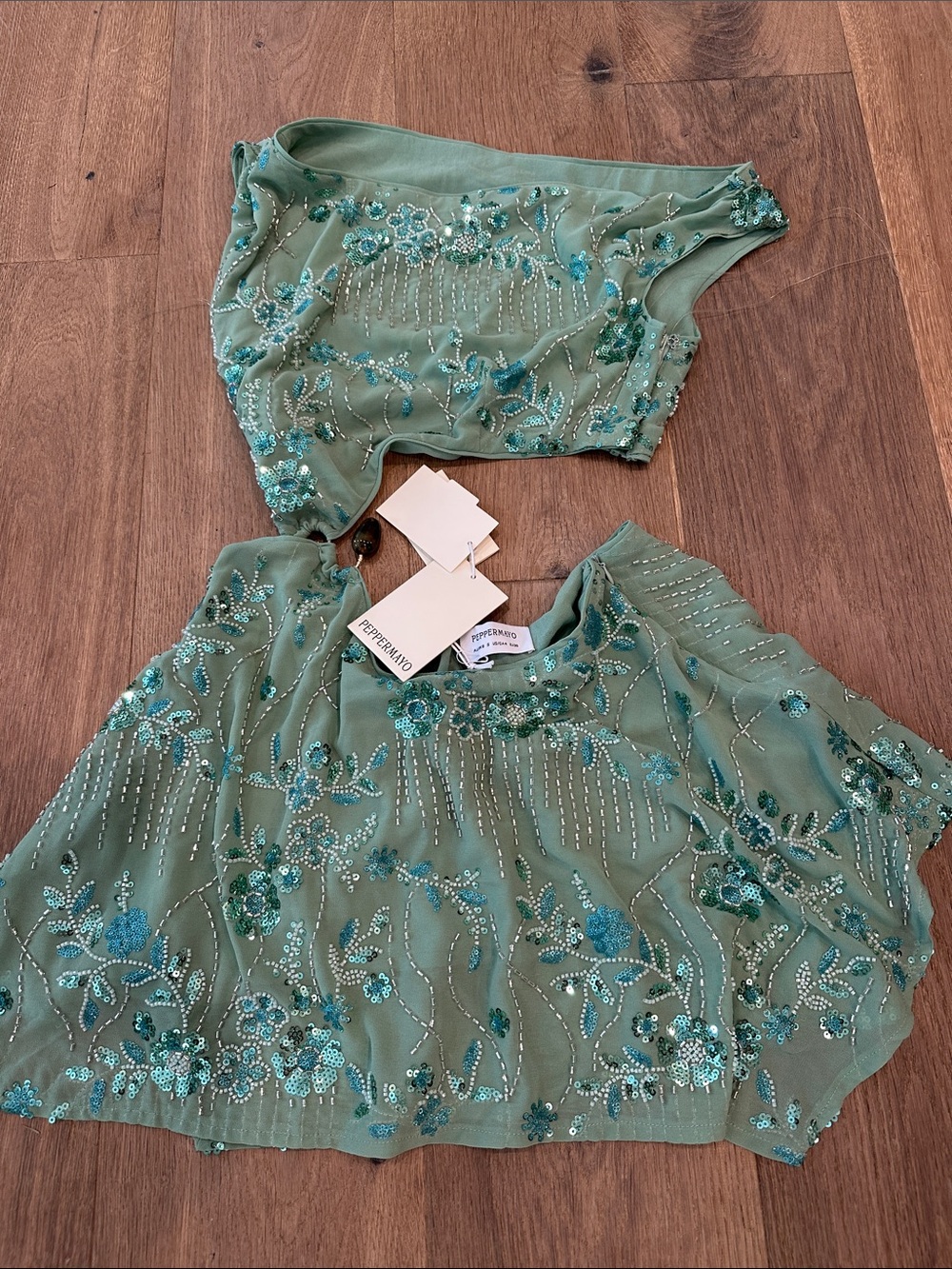 Peppermayo Sage Green Embellished Sheer Mini Dress